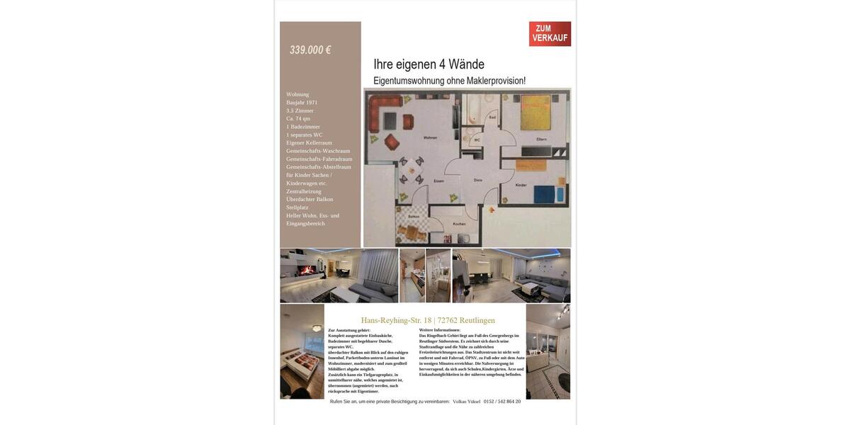 Erdgeschoßwohnung Reutlingen Reutlingen (Kernstadt) - 3.5 Zimmer, 74 m&sup2;, 329.000&euro; | Angebot:24397586