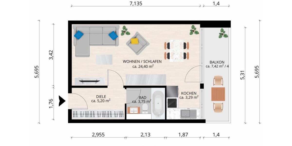 Etagenwohnung Wiesbaden Bierstadt - 1 Zimmer, 40 m&sup2;, 185.000&euro; | Angebot:24654463