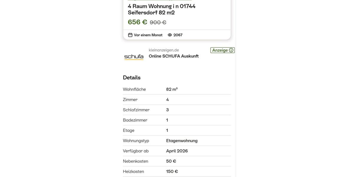 Etagenwohnung Dippoldiswalde - 4 Zimmer, 82 m&sup2;, 856&euro; | Angebot:25991928