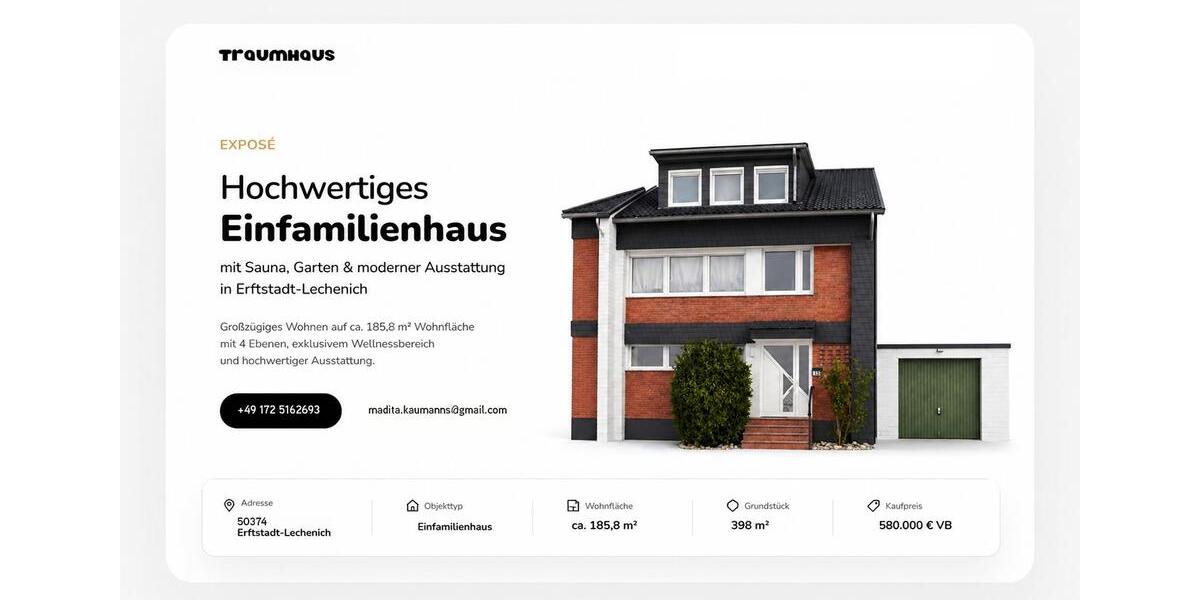 Einfamilienhaus Erftstadt - 5.5 Zimmer, 186 m&sup2;, 580.000&euro; | Angebot:26446890