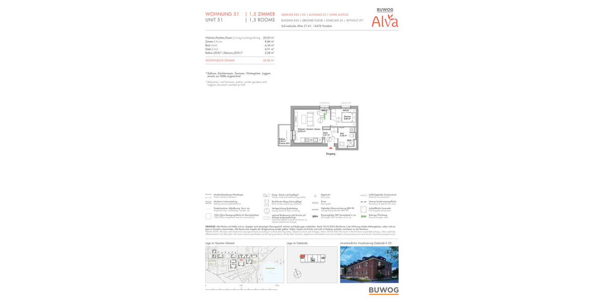 Etagenwohnung Potsdam Krampnitz - 1 Zimmer, 42 m&sup2;, 352.000&euro; | Angebot:25710052