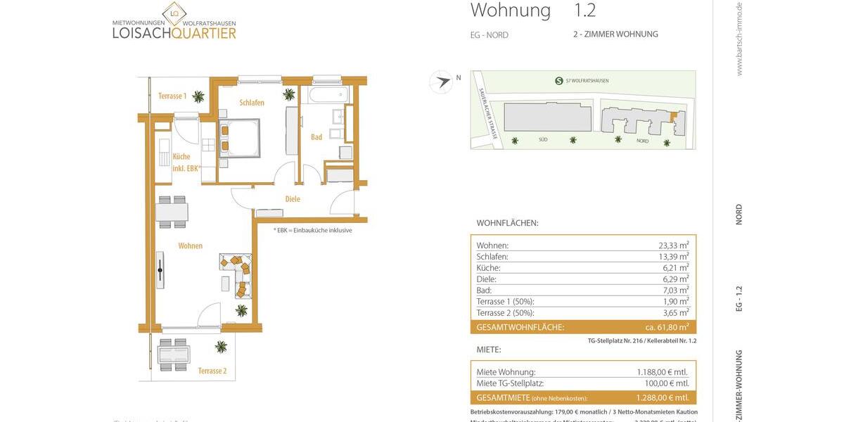Erdgeschoßwohnung Wolfratshausen - 2 Zimmer, 62 m&sup2;, 1.188&euro; | Angebot:25872005