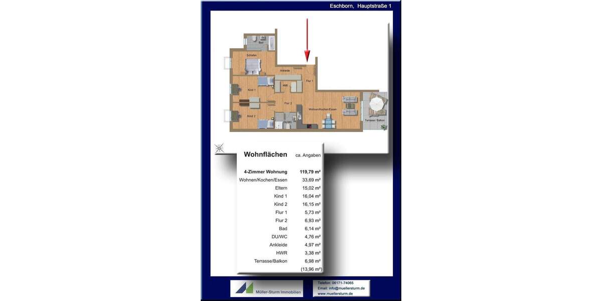 Etagenwohnung Eschborn - 4 Zimmer, 120 m&sup2;, 2.035&euro; | Angebot:25563323