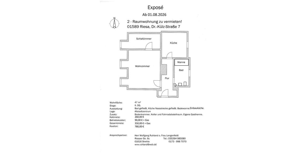 Etagenwohnung Riesa - 2 Zimmer, 47 m&sup2;, 260&euro; | Angebot:26664079