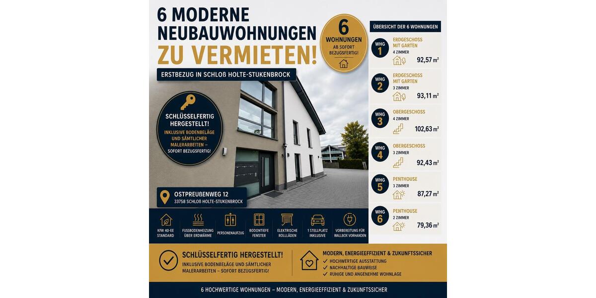 Erdgeschoßwohnung Schloß Holte-Stukenbrock Stukenbrock - 3 Zimmer, 92 m&sup2;, 1.100&euro; | Angebot:26700895